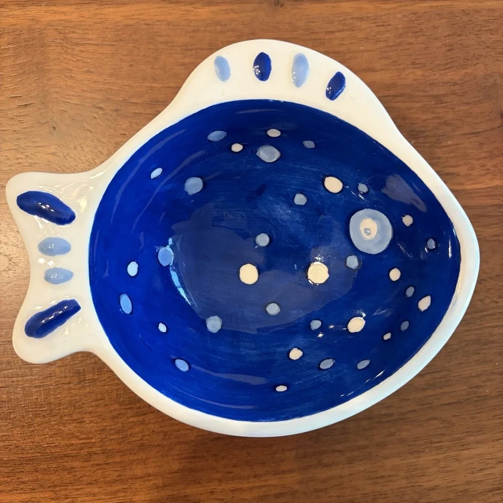 Crate & Barrel Snack Tray Condiment Bowl 4 Piece Set Blue Fish Ocean Coastal